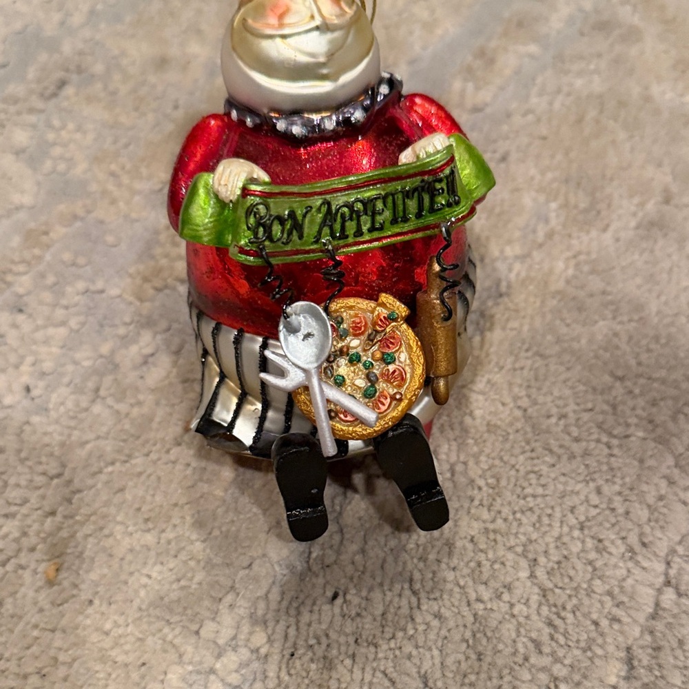 Antique Blown Glass Christmas Ornament Santa W pizza and Bon Appetite sign